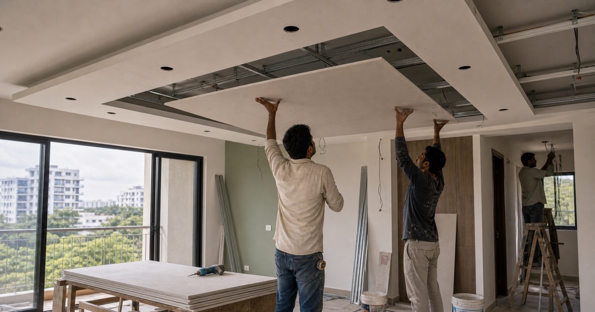 False Ceiling Cost in Bangalore 2026 — POP, Gypsum & PVC Compared